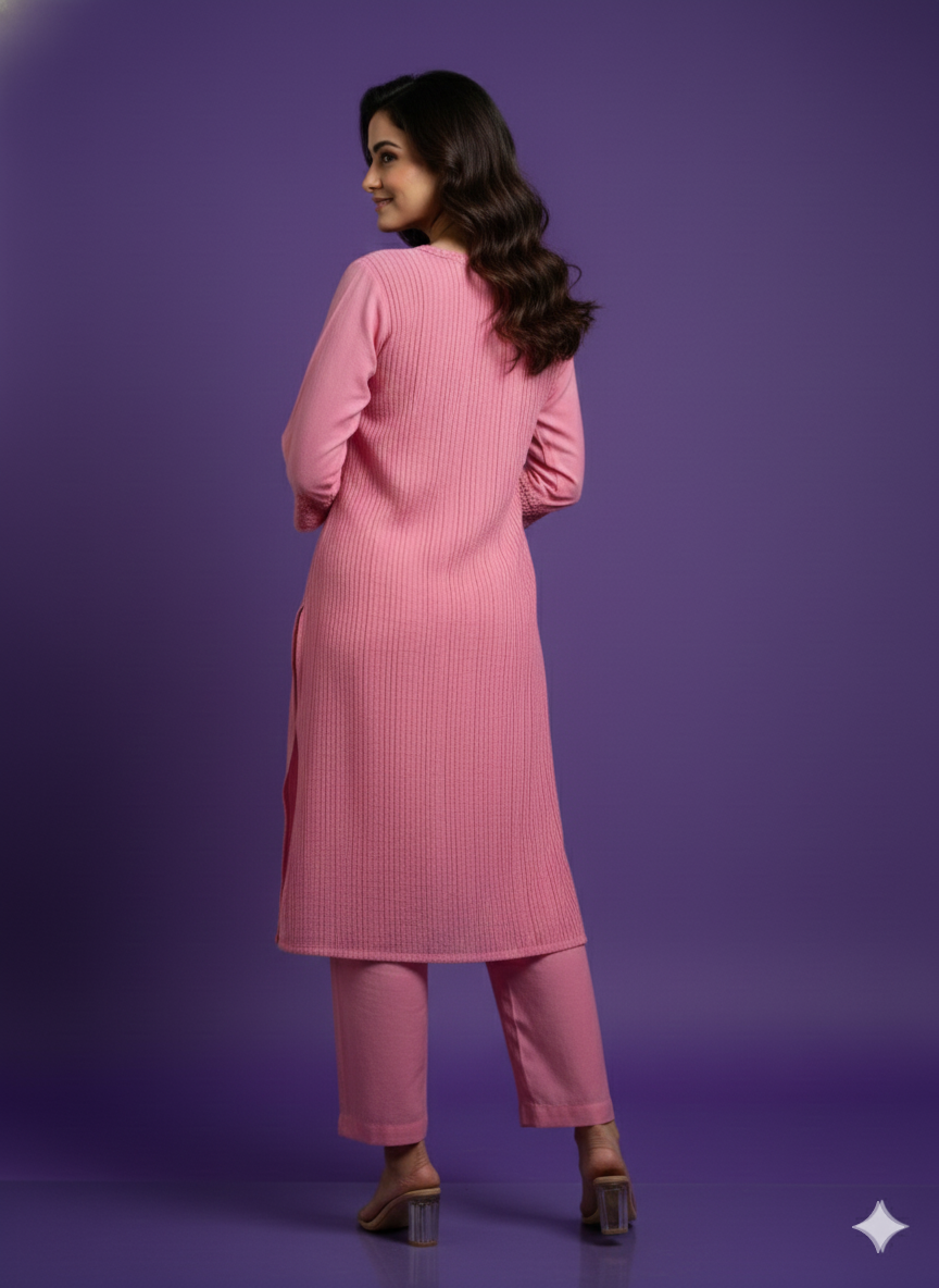 Pink V-Neck Cotton Cord Set