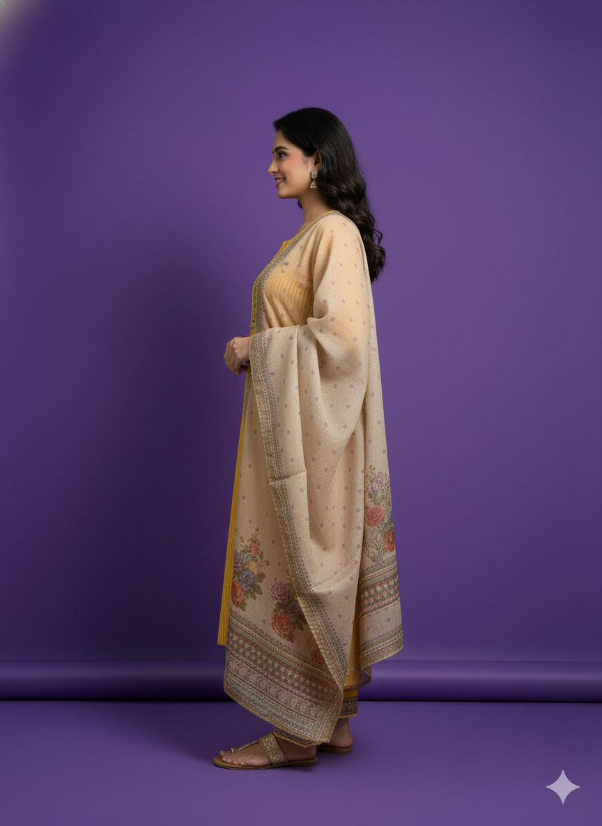 Yellow Round V-Neck Silk 2PCS Set