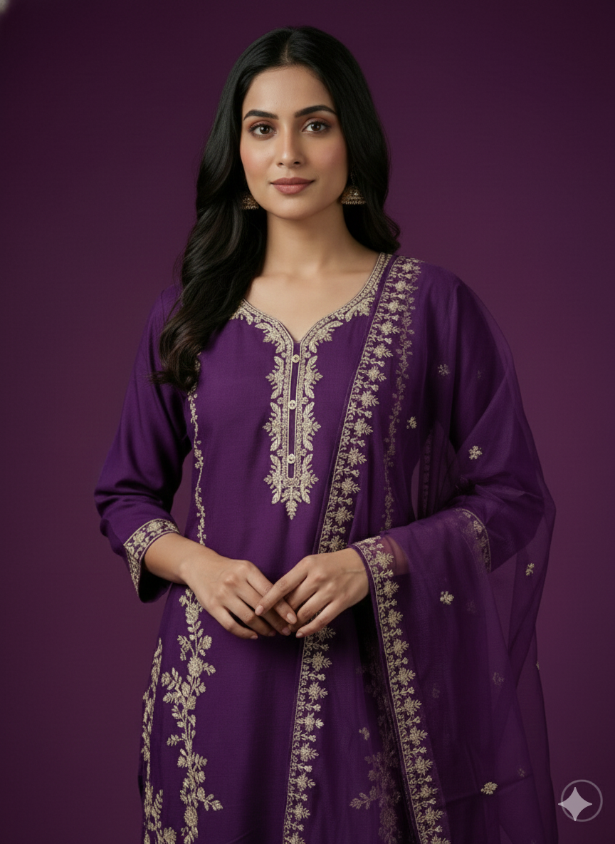 Purple Deep V-Neck Rayon Kurta Set with Dupatta