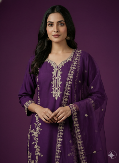 Purple Deep V-Neck Rayon Kurta Set with Dupatta