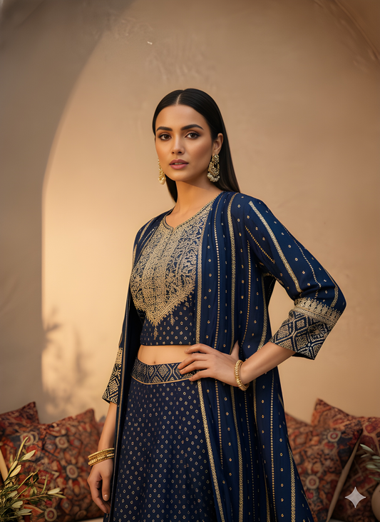 Blue Round Neck Silk 3PCS Set