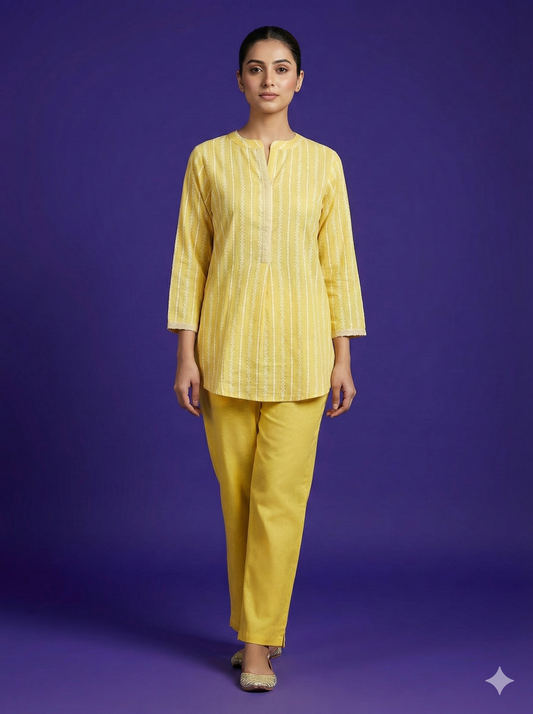 Span Yellow Mandarin Cotton Short Kurta