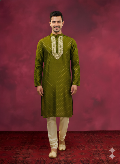 Green Mandarin Neck Silk Kurta