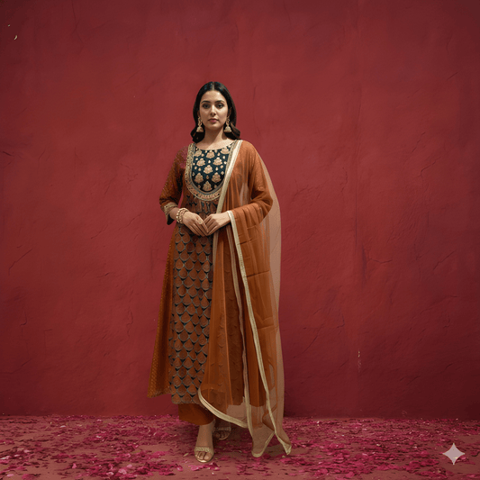 Brown Round Neck Silk Kurta Set with Dupatta