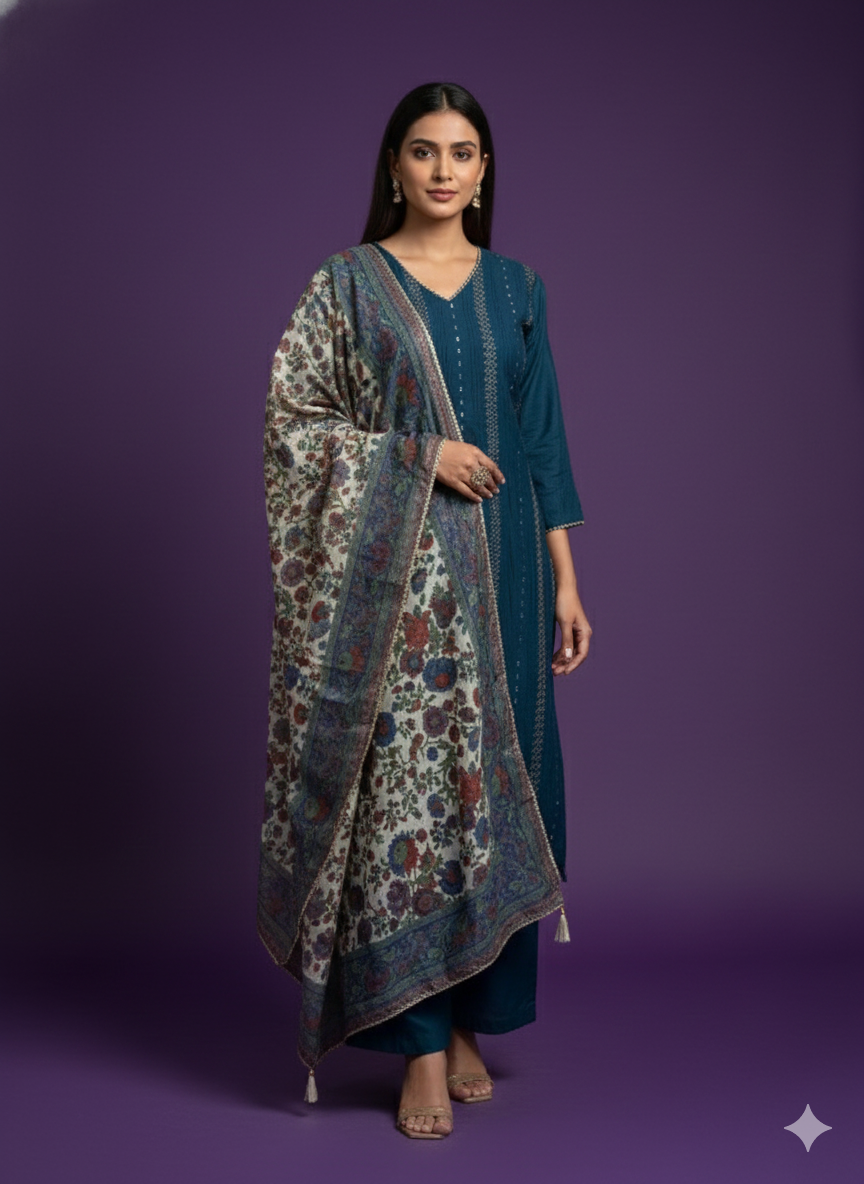 Blue Round V-Neck Silk Kurta Set with Dupatta