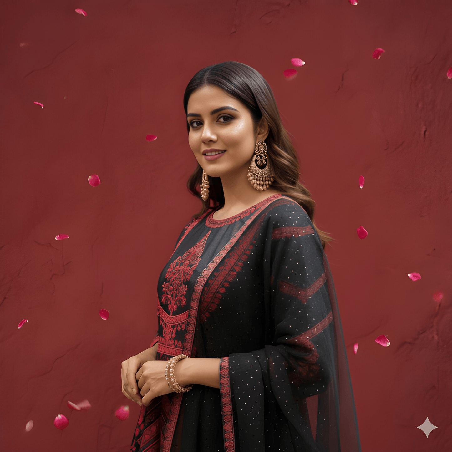 Black Round Neck Silk Kurta Set with Dupatta