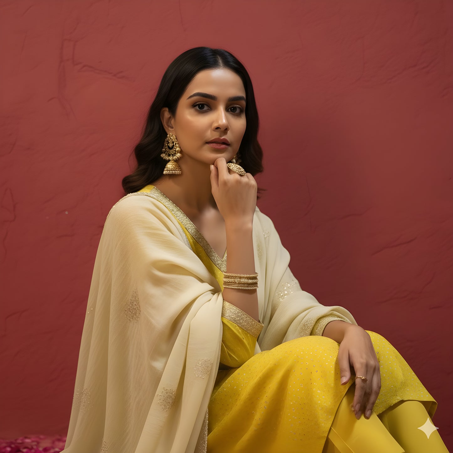 Yellow Round V Neck Viscose Kurta Set with Dupatta