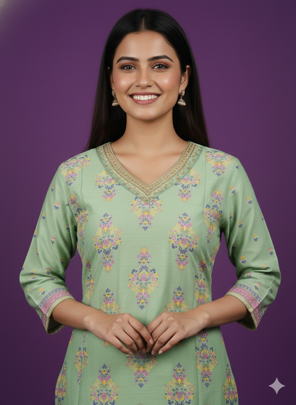 Green V-Neck Silk Cord Set