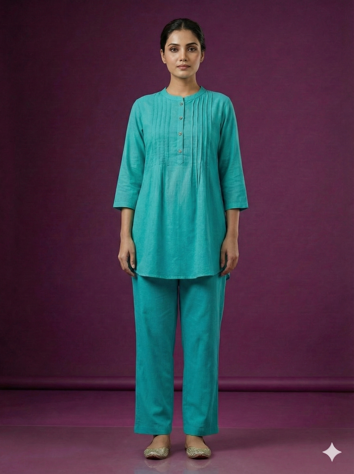 Span Blue Mandarin Cotton Short Kurta