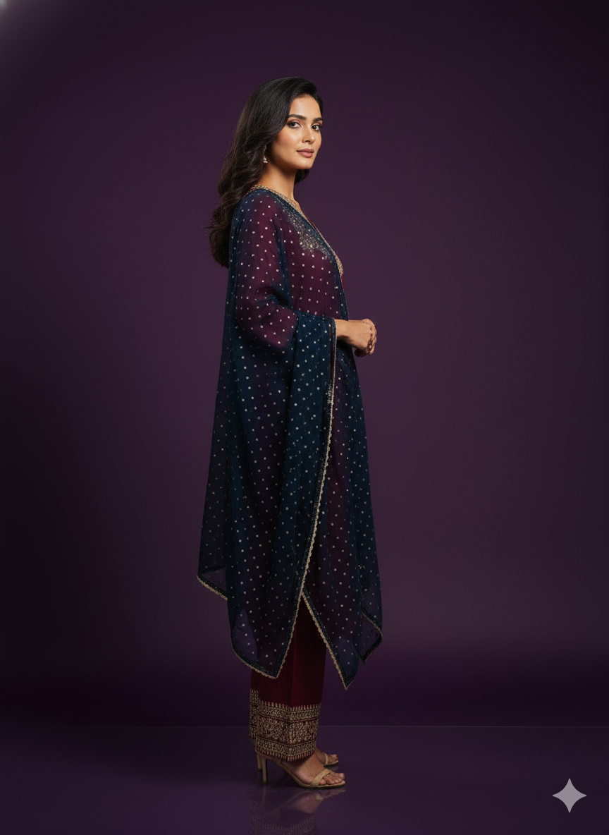 Mulberry V-Neck Kurta Set with Dupatta