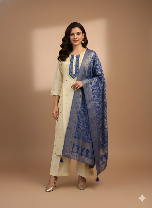 Ivory Round Neck Silk Kurta set with Dupatta