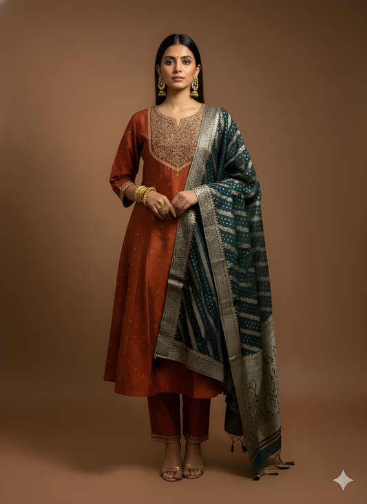 Brown Round V Neck Silk Kurta Set with Dupatta