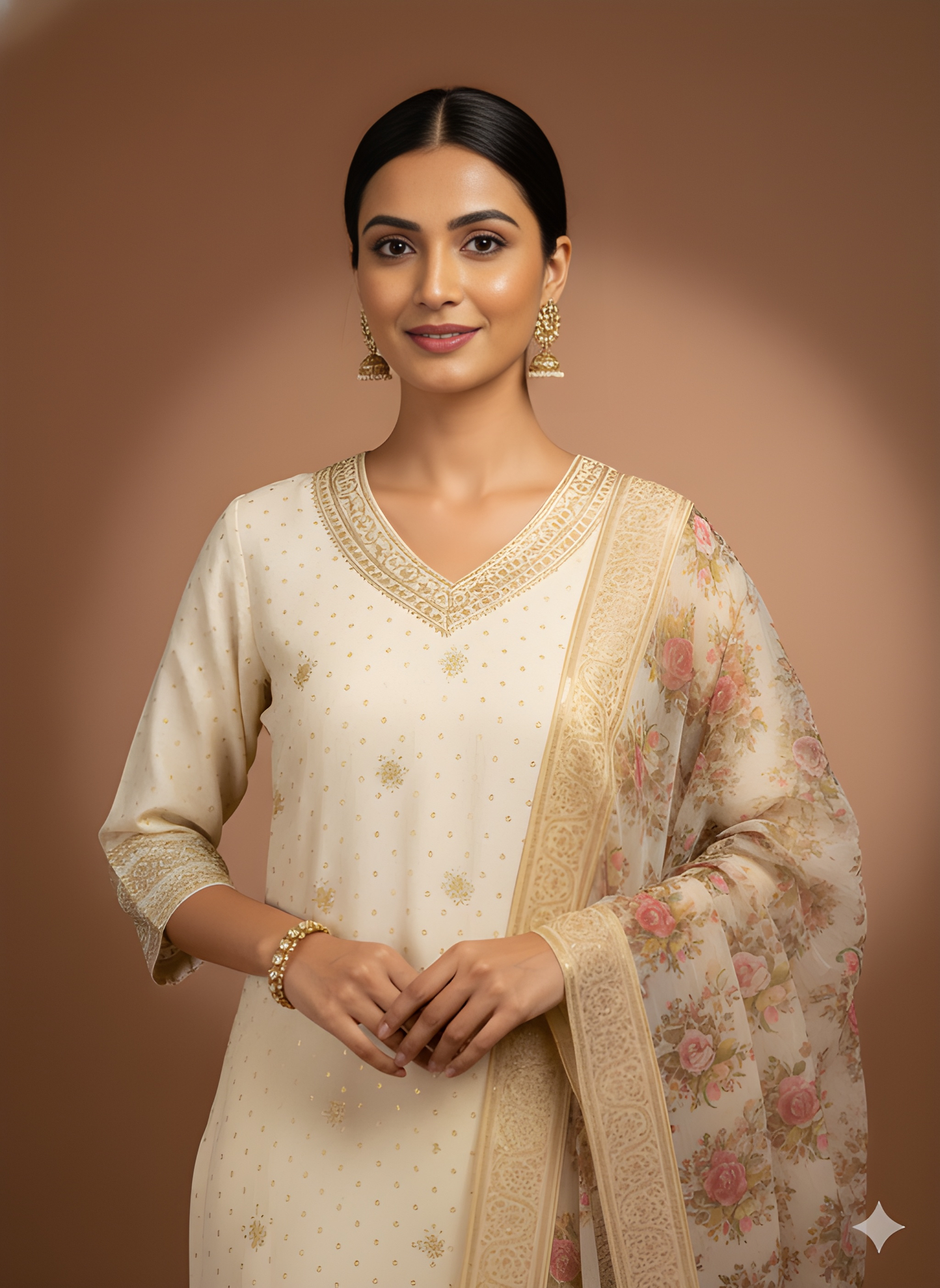 Ivory V Neck Cotton Kurta Set with Dupatta