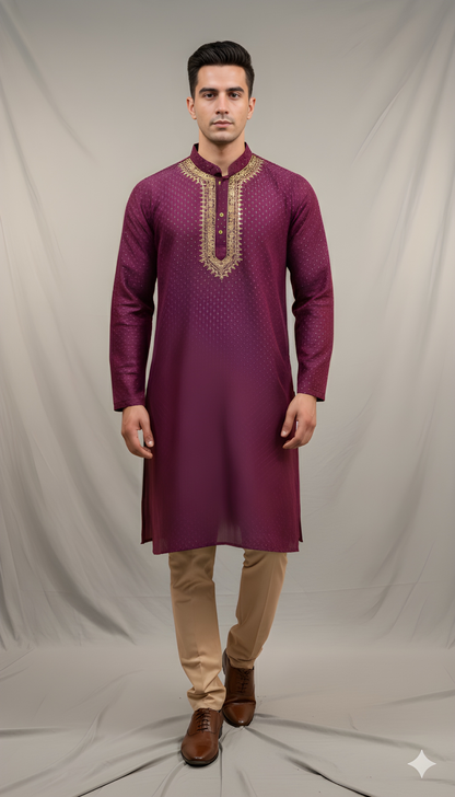 Purple Mandarin Neck Silk Kurta