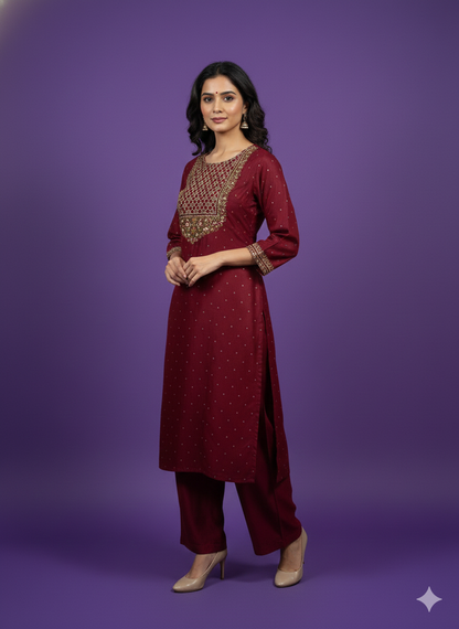 Burgundy Round Neck Cotton Kurta Set with Dupatta