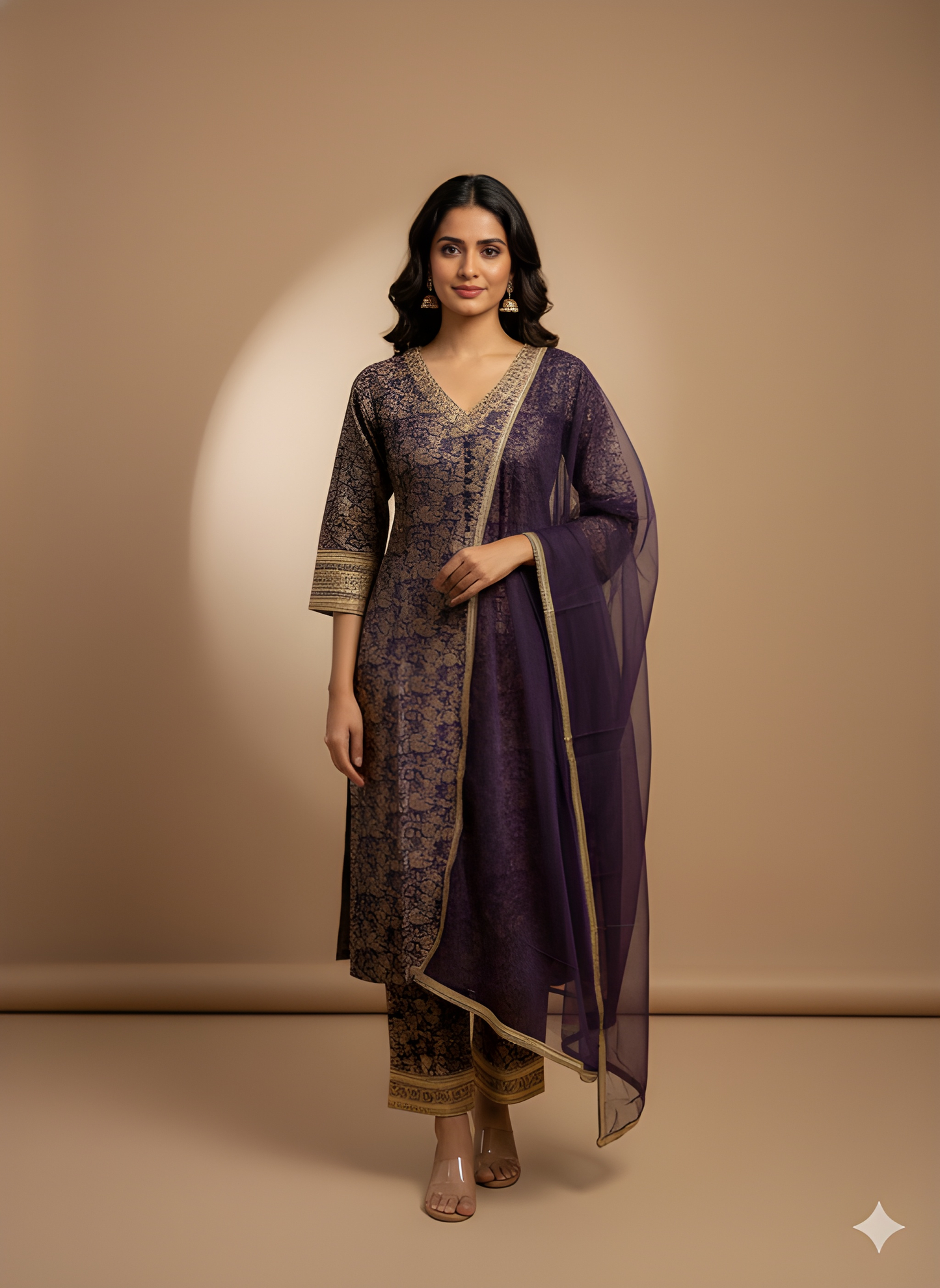 Purple V Neck Silk Kurta Set with Dupatta