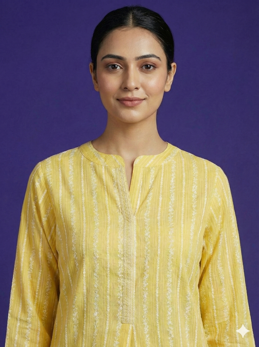 Span Yellow Mandarin Cotton Short Kurta