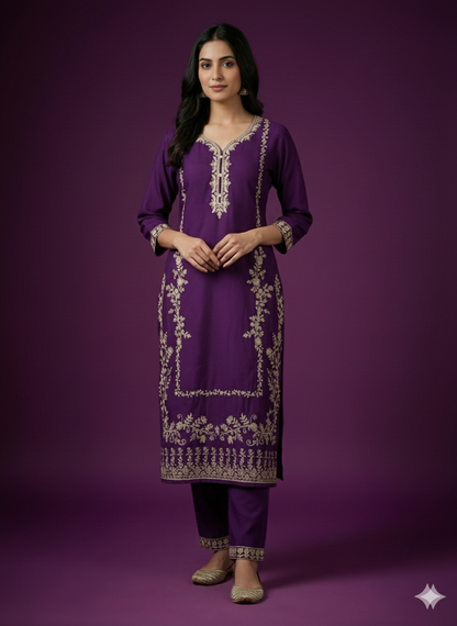 Purple Deep V-Neck Rayon Kurta Set with Dupatta