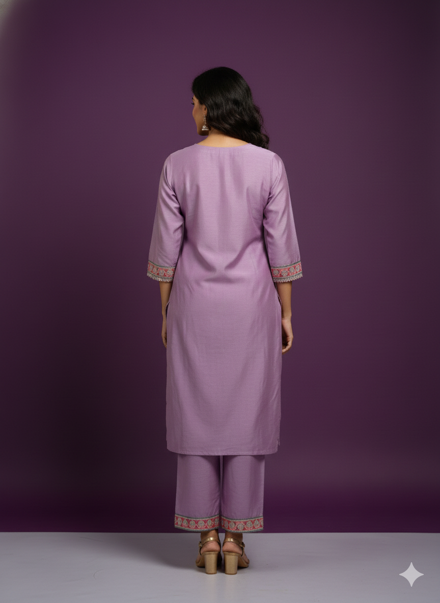 Pink Round V Neck Silk 2 Pcs Set