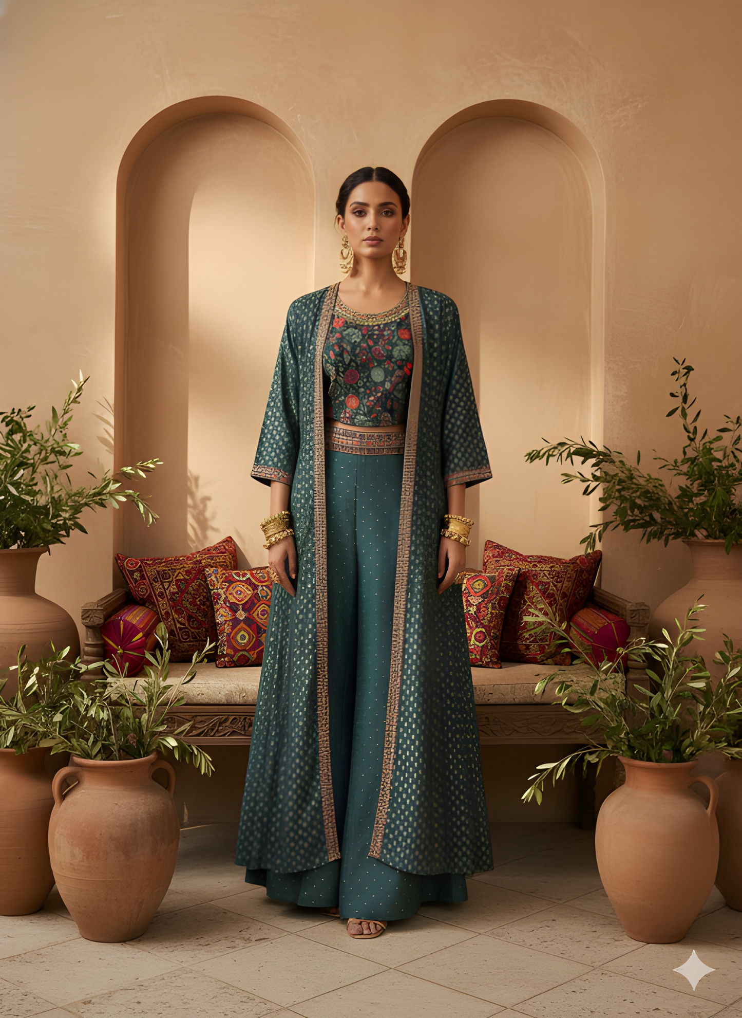 Span Green Round Neck Silk 3PCS Set