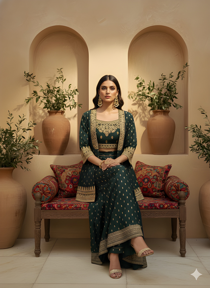 Green Round Neck Silk 3PCS Set