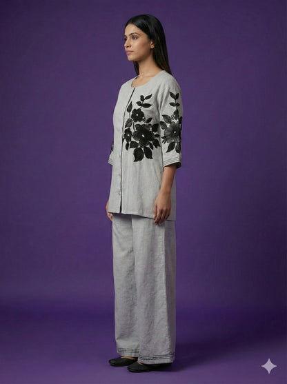 Grey Round Neck Cotton Co-ord Set