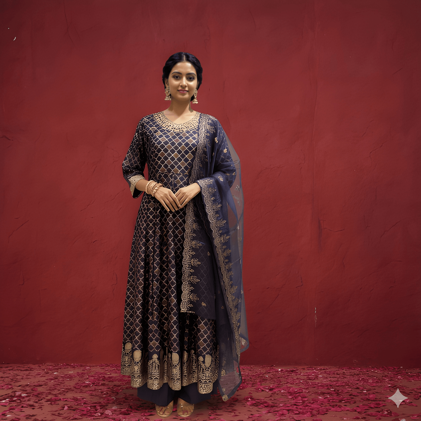 Purple V Neck Silk Kurta Set with Dupatta