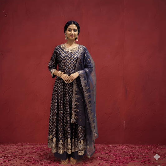 Purple V Neck Silk Kurta Set with Dupatta