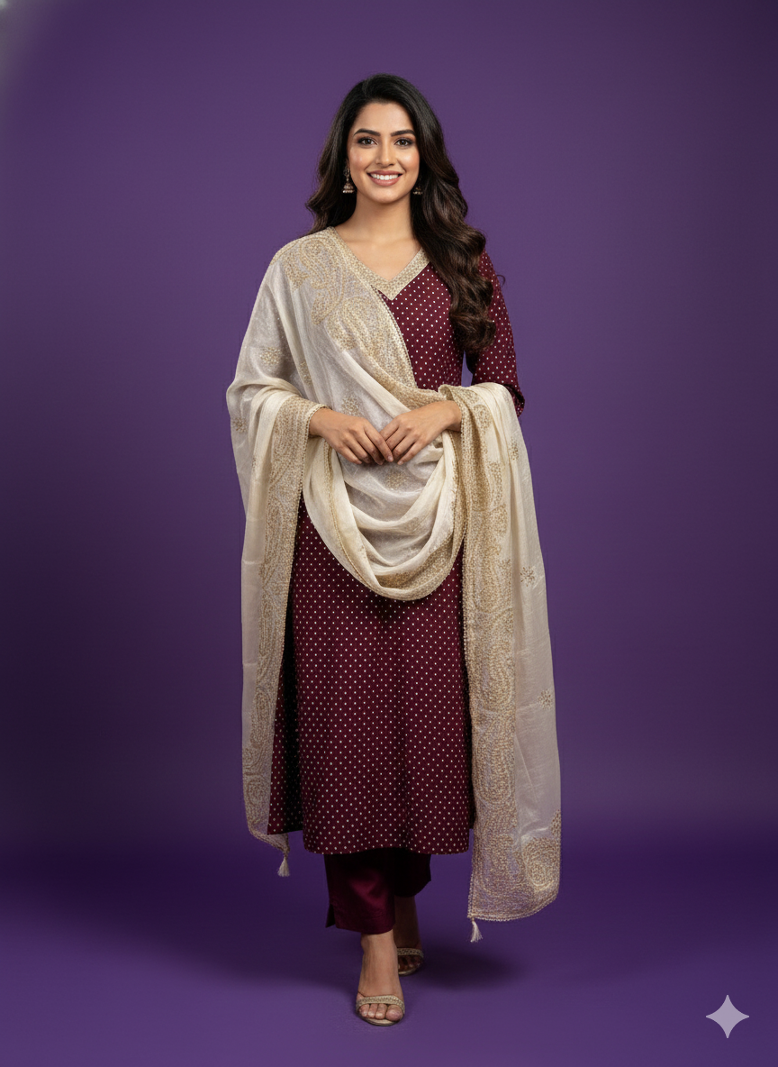 Purple Round V-Neck Kali Kurta Set with Dupatta