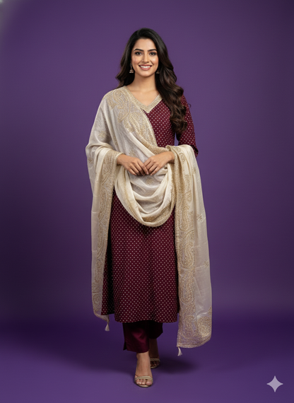 Purple Round V-Neck Kali Kurta Set with Dupatta