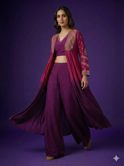 Crop Top - Palazzo with Embroidered Ombre Open Jacket Set