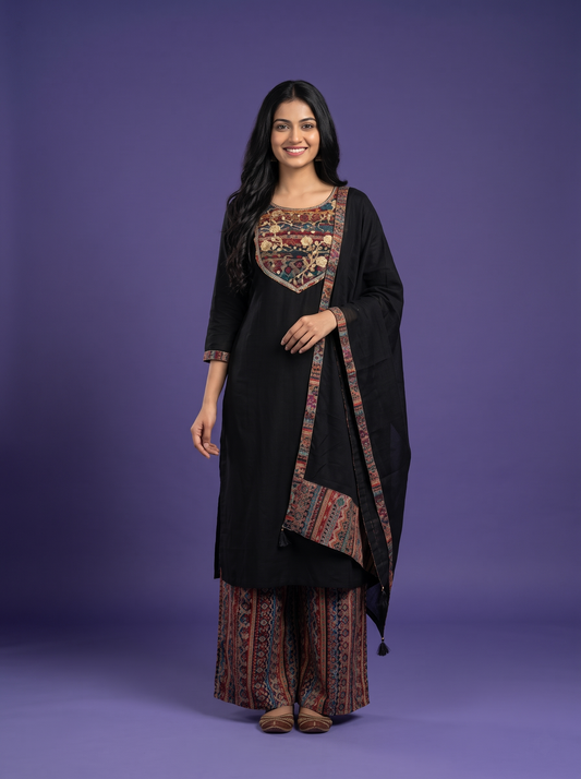 Embroidered Slub Silk Suit Set