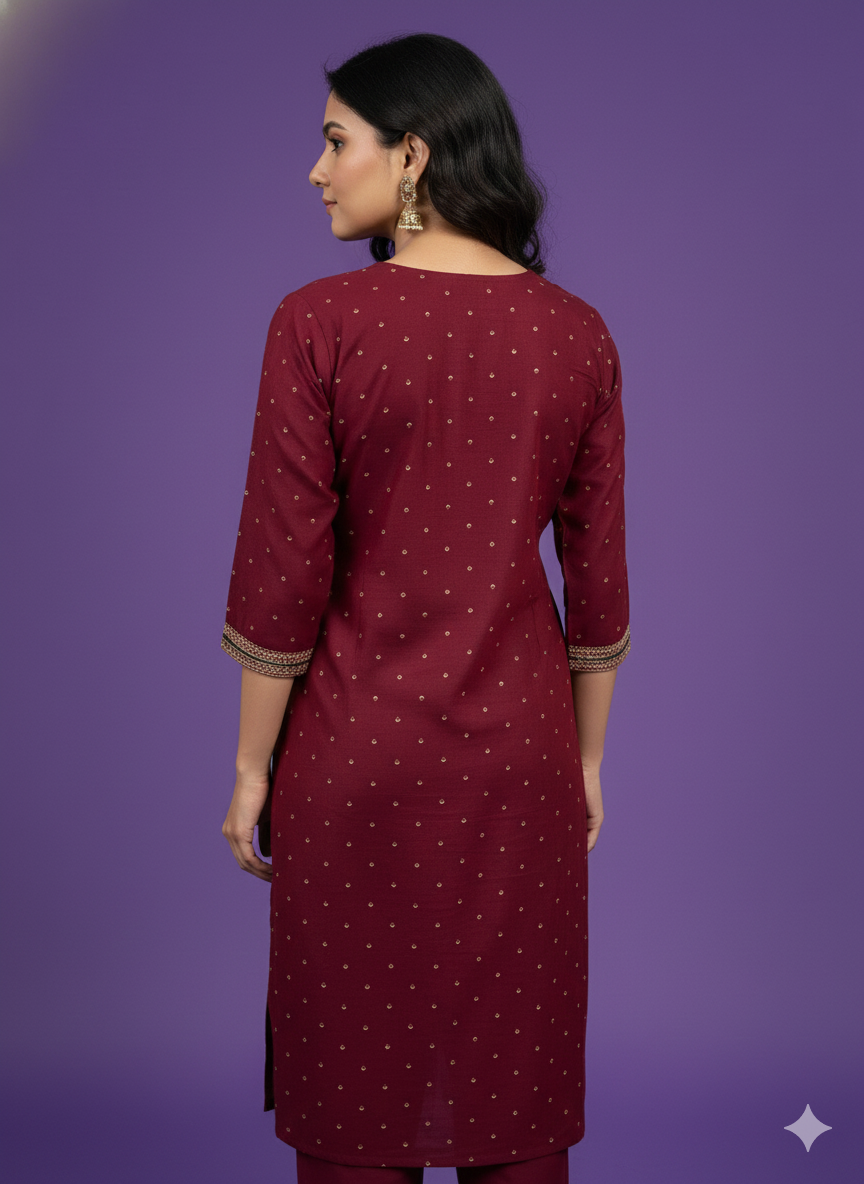 Burgundy Round Neck Cotton Kurta Set with Dupatta