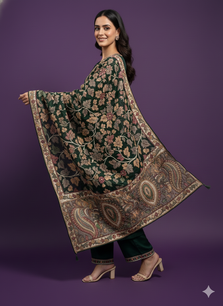 Green Round Neck Gazi Silk Kurta Set with Dupatta