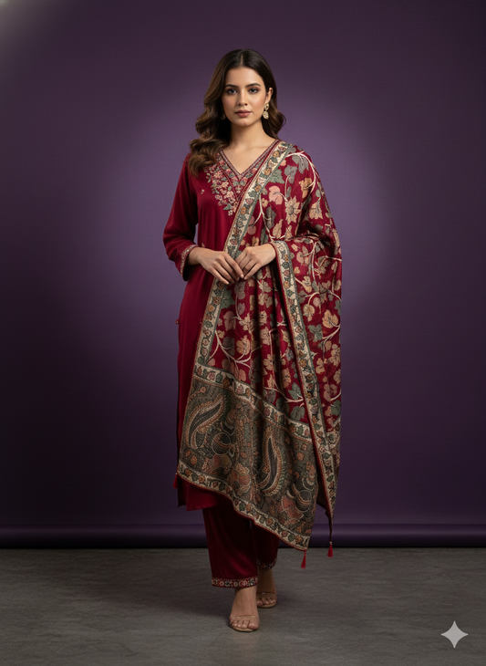 Red V-Neck Gazi Silk Kurta Set with Dupatta