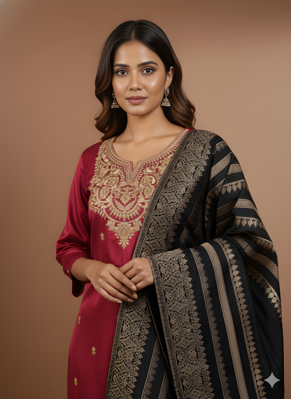 Pink Round V Neck Gazi Silk Kurta Set with Dupatta