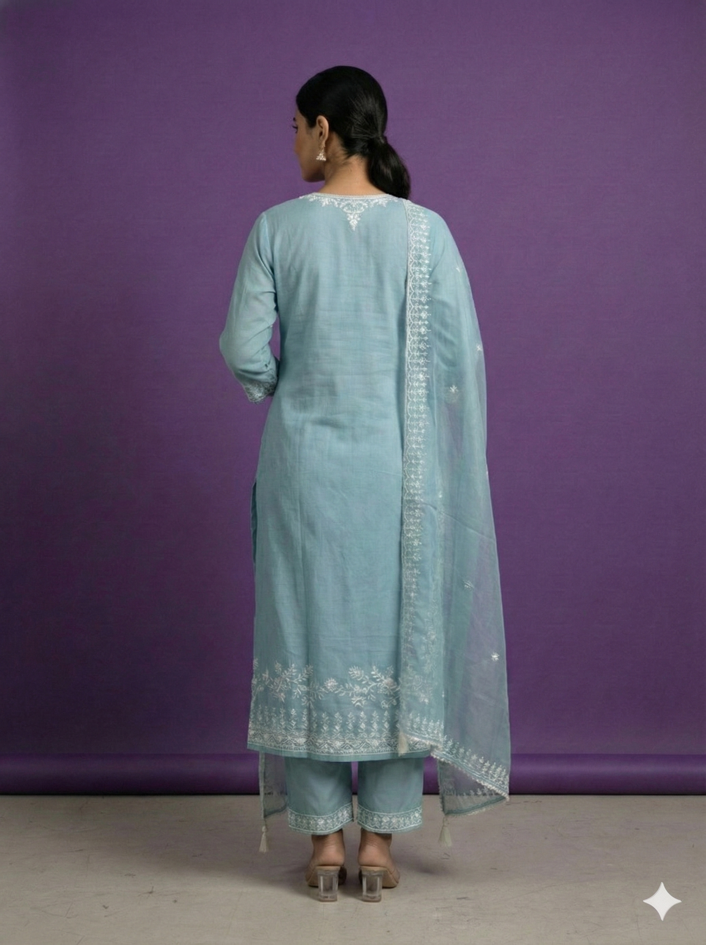 Blue Deep V-Neck Rayon Kurta Set with Dupatta