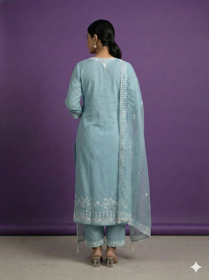 Blue Deep V-Neck Rayon Kurta Set with Dupatta