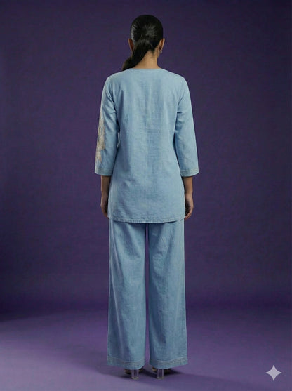 Blue Round Neck Cotton Cord Set