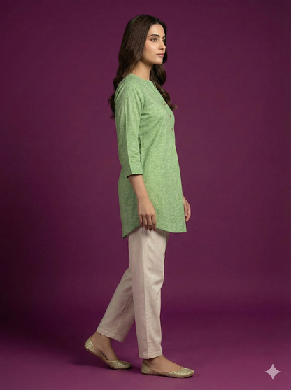 Span Green Mandarin Cotton Short Kurta