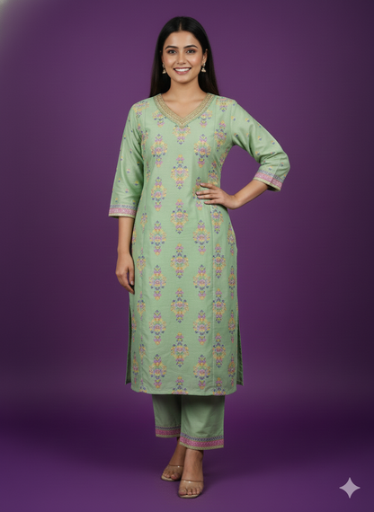 Green V-Neck Silk Cord Set