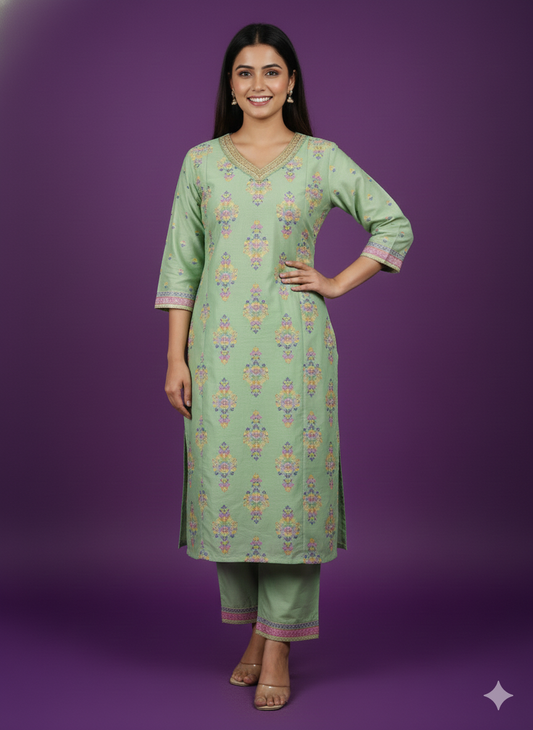 Green V-Neck Silk Cord Set