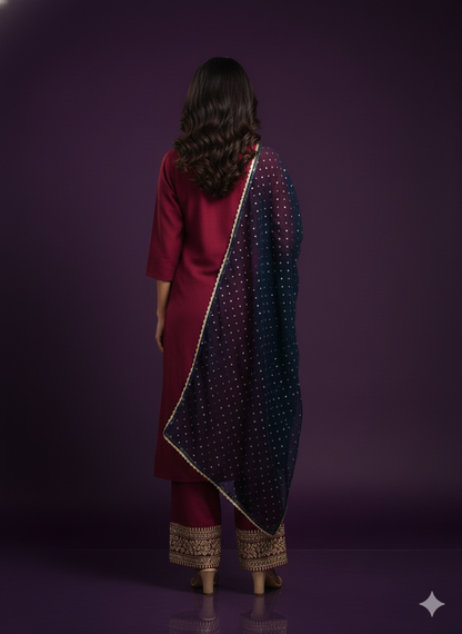 Mulberry V-Neck Kurta Set with Dupatta