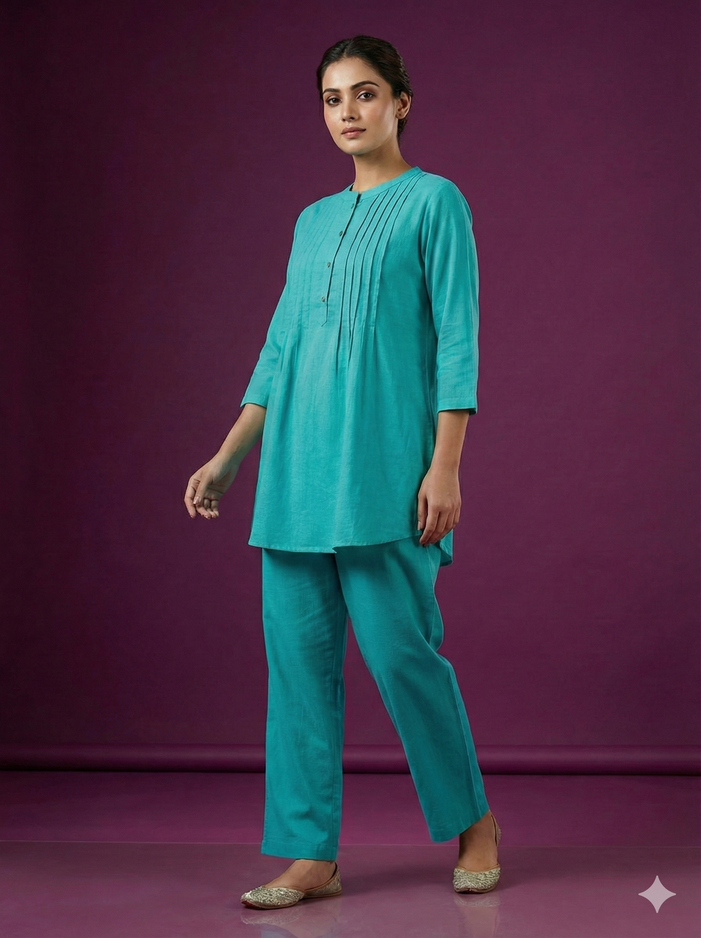 Span Blue Mandarin Cotton Short Kurta