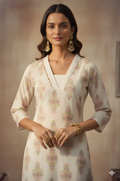 White Deep V Neck Silk Kurta