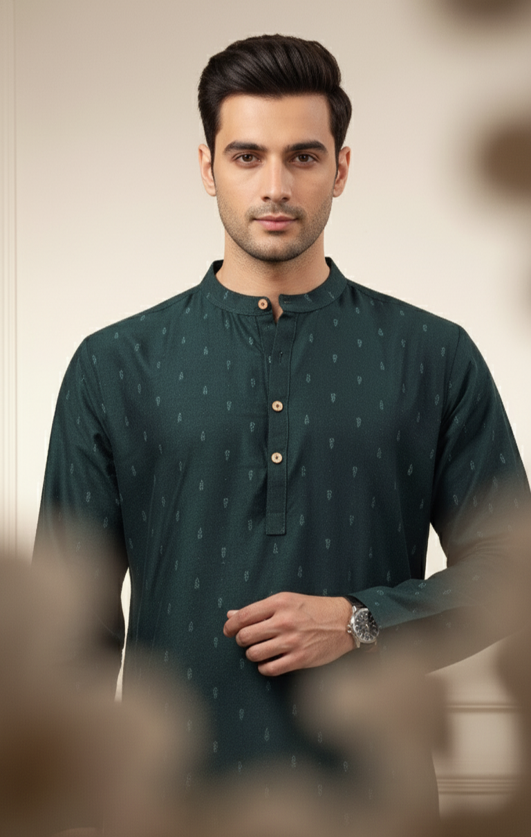 Green Mandarin Silk Kurta