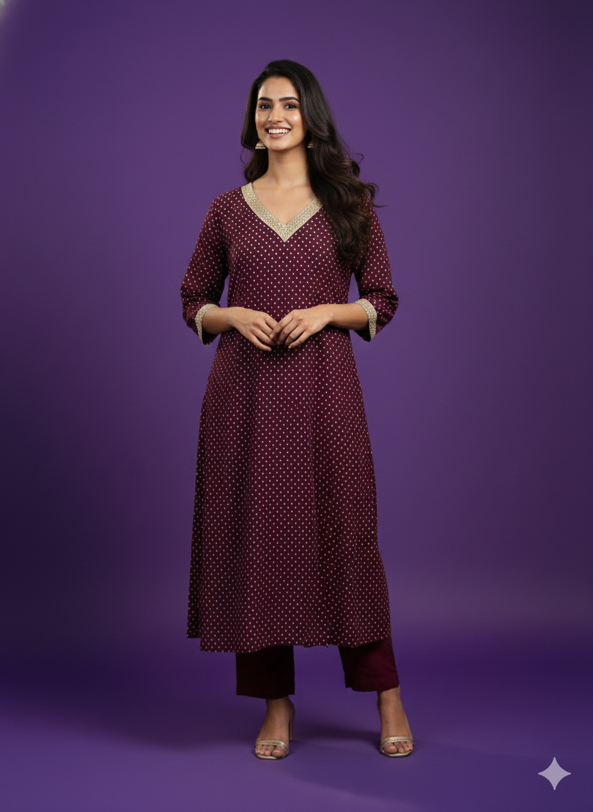 Purple Round V-Neck Kali Kurta Set with Dupatta