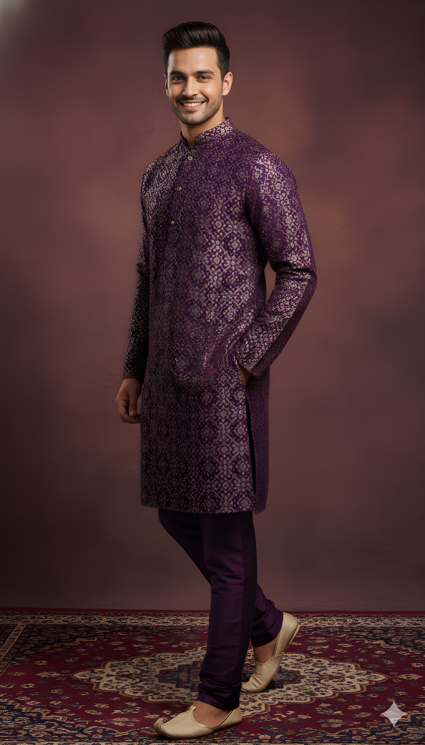 Purple Mandarin Neck Silk Kurta