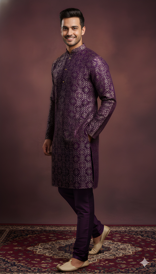 Purple Mandarin Neck Silk Kurta