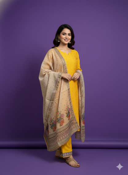 Yellow Round V-Neck Silk 2PCS Set